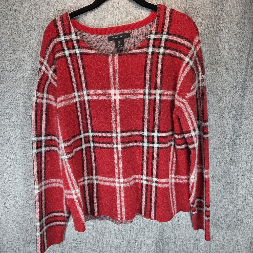 Tahari Womens Plaid Red Black White Buffalo Check Sweater Winter Holiday Large